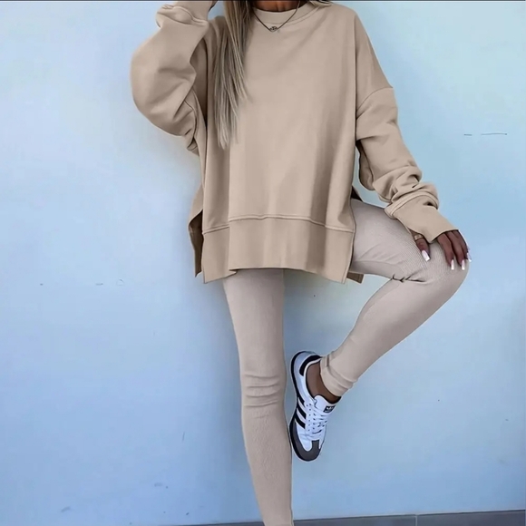 suhkasana Tops - Solid Oversize Slit Sweatshirt with Ribbed Leggings Set